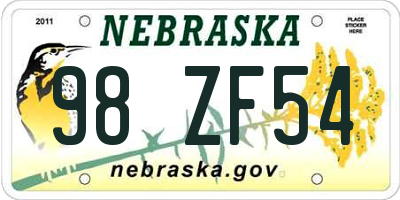NE license plate 98ZF54