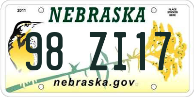 NE license plate 98ZI17