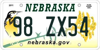 NE license plate 98ZX54