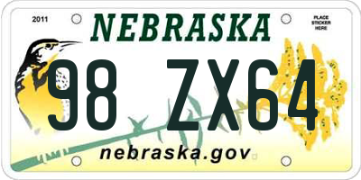 NE license plate 98ZX64