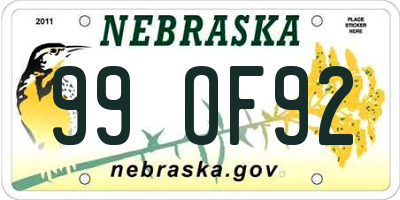 NE license plate 99OF92
