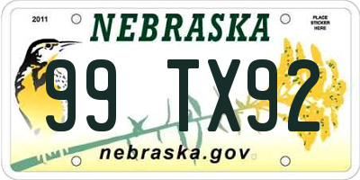 NE license plate 99TX92