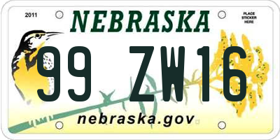 NE license plate 99ZW16