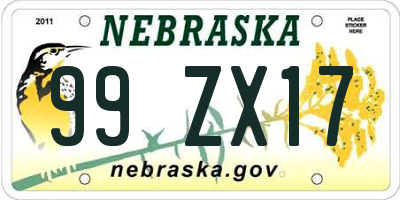 NE license plate 99ZX17