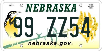 NE license plate 99ZZ54