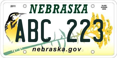 NE license plate ABC223