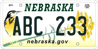 NE license plate ABC233