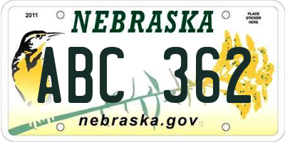 NE license plate ABC362