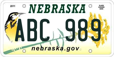 NE license plate ABC989