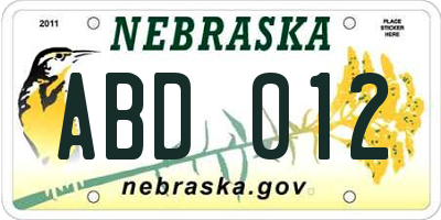 NE license plate ABD012