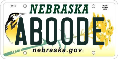 NE license plate ABOODE