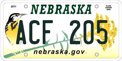 NE license plate ACF205