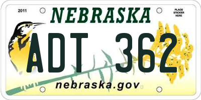 NE license plate ADT362