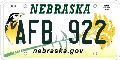 NE license plate AFB922