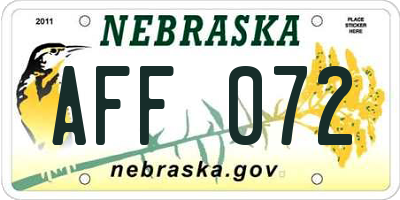 NE license plate AFF072