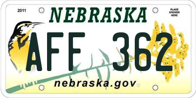 NE license plate AFF362