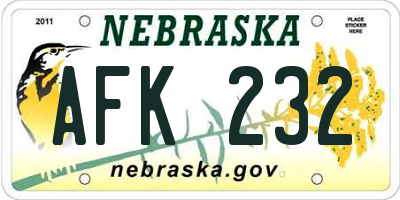 NE license plate AFK232
