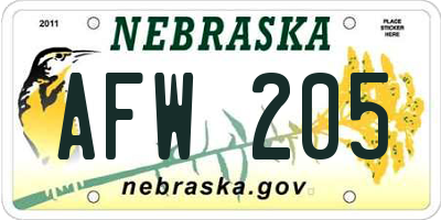 NE license plate AFW205