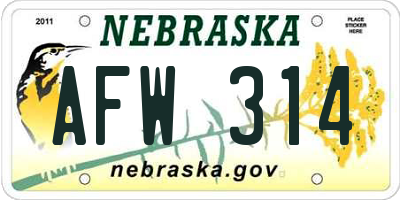 NE license plate AFW314