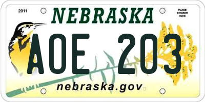 NE license plate AOE203