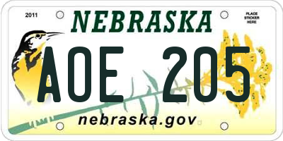 NE license plate AOE205