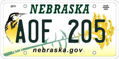NE license plate AOF205