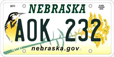 NE license plate AOK232