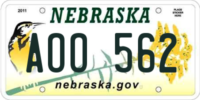 NE license plate AOO562
