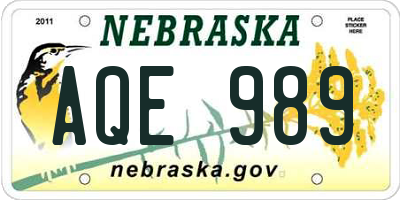 NE license plate AQE989