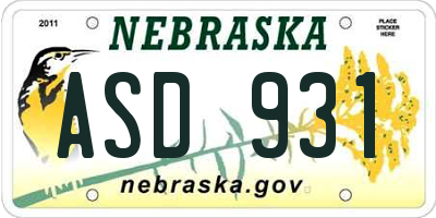NE license plate ASD931