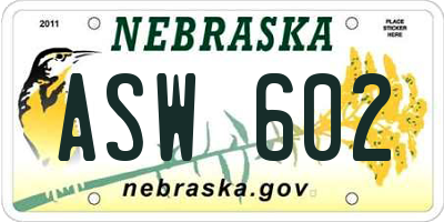 NE license plate ASW602