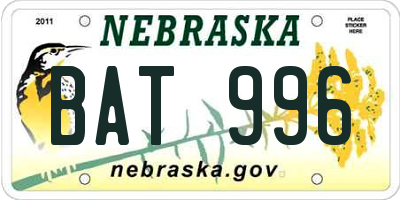 NE license plate BAT996