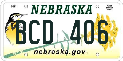 NE license plate BCD406