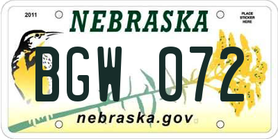 NE license plate BGW072