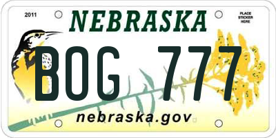 NE license plate BOG777