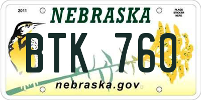 NE license plate BTK760
