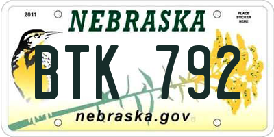 NE license plate BTK792