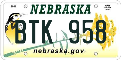 NE license plate BTK958