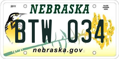 NE license plate BTW034