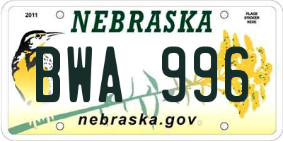 NE license plate BWA996