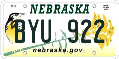 NE license plate BYU922