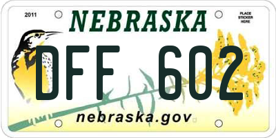 NE license plate DFF602