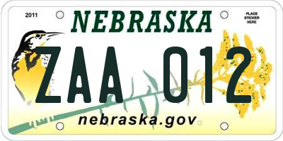 NE license plate ZAA012