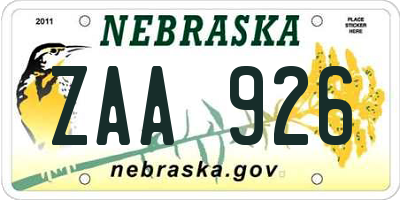 NE license plate ZAA926