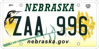NE license plate ZAA996