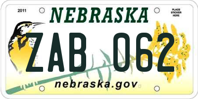 NE license plate ZAB062