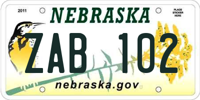 NE license plate ZAB102