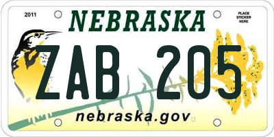 NE license plate ZAB205