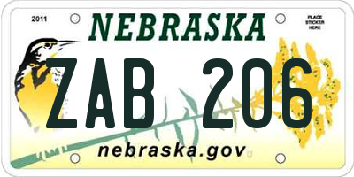 NE license plate ZAB206