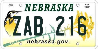 NE license plate ZAB216